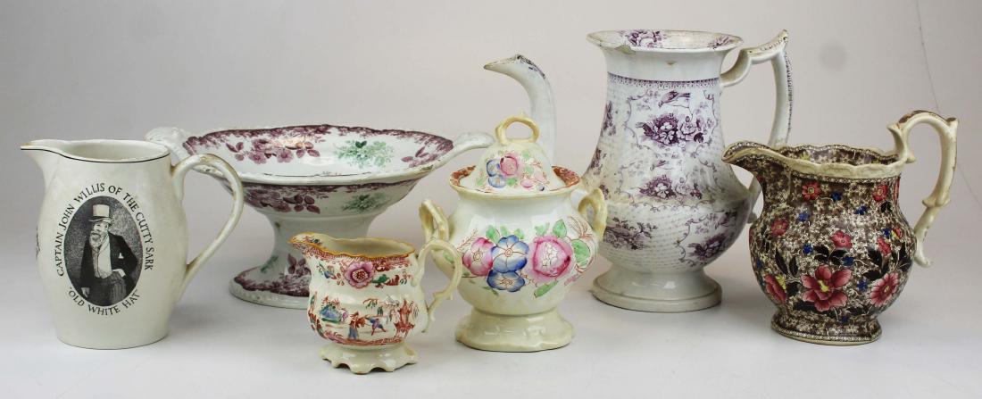group of 19th c. transferware porcelain: group of 19th c. transferware porcelain including exceptional green and mulberry decorated footed compote, oversized coffee pot (missing lid), calico pitcher, sugar and creamer, accompanied by a 20th