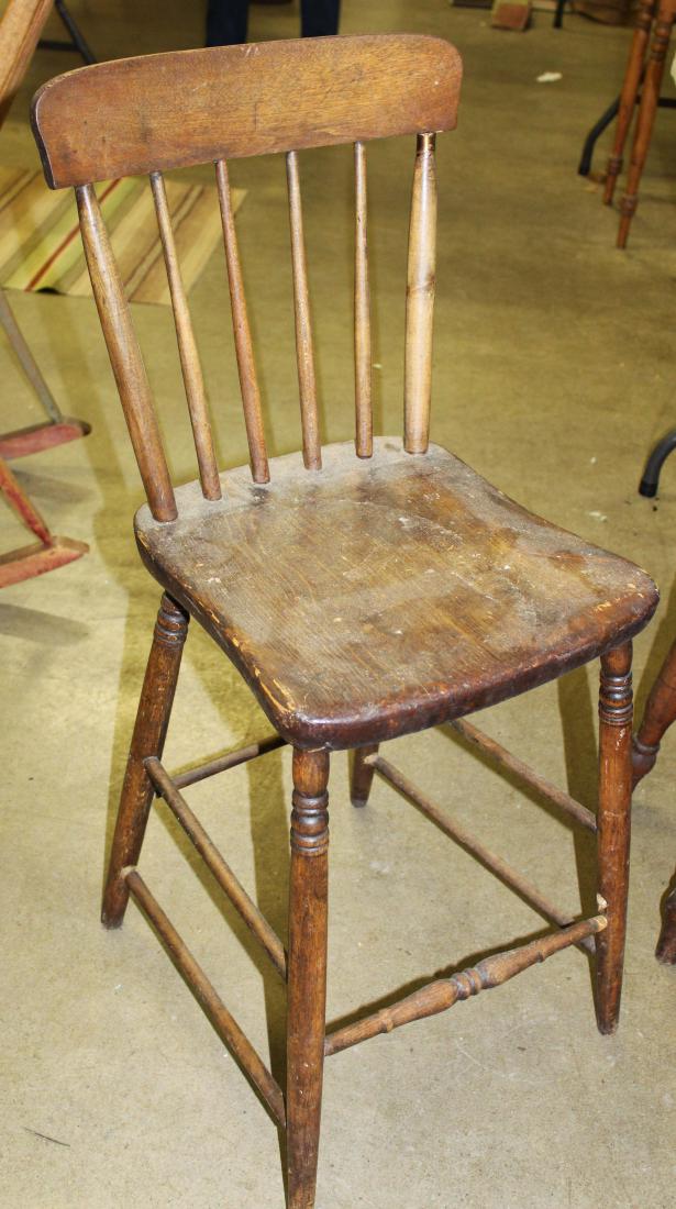 English Windsor style stool, weaver's chairs: 19th c. English Windsor style stool and weaver's chair, Shaker reproduction weaver's chair bar stool with cotton tab seat (as found)