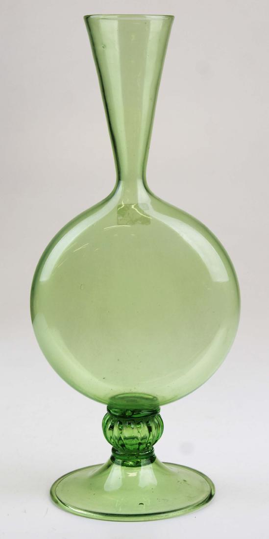 Steuben Carder era blown green art glass vase: signed Steuben 1920's Carder Era blown green footed canteen or moon flask form art glass vase with flared neck 13.75" x 6"