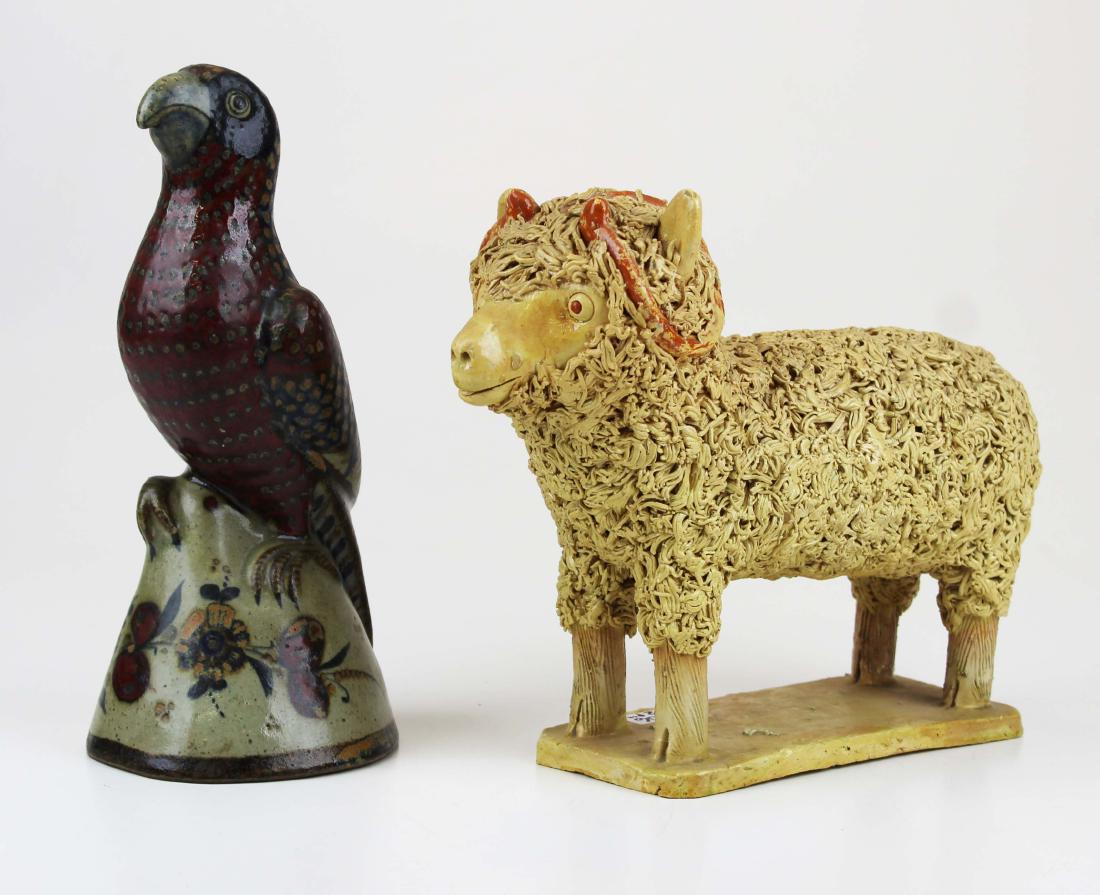 mid century pottery sheep & bird: mid century pottery sheep & bird, 10 1/2" to 11"