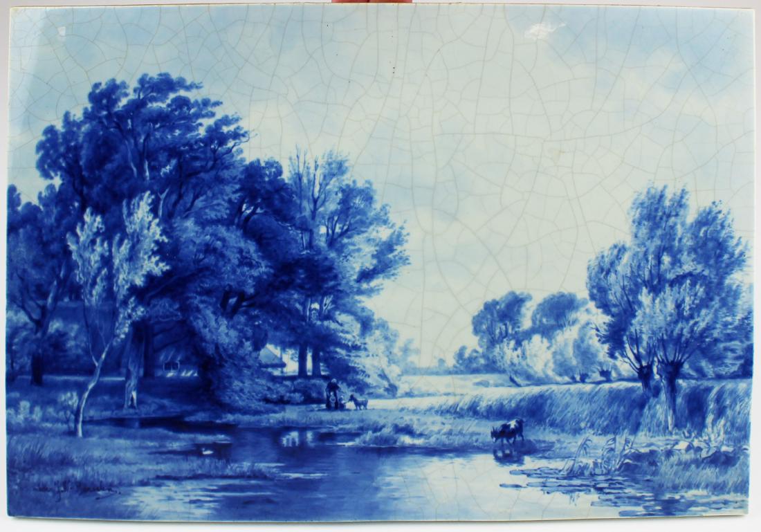 Delft porcelain plaque signed A Mauve: Delft porcelain plaque signed A Mauve (Anton Mauve, Dutch 1838- 1888), signed in underglaze blue Porcelain Fres (Delft, Holland 1653- present), 8" x 11 3/4", minor craquelure