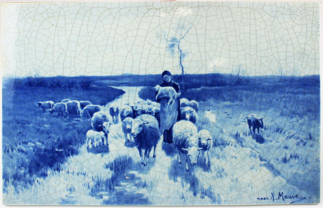 Delft porcelain plaque signed A Mauve: Delft porcelain plaque signed A Mauve (Anton Mauve, Dutch 1838- 1888), signed in underglaze blue Porcelain Fres (Delft, Holland 1653- present), 8" x 11 3/4", noticeable craquelure, minor nicks & chips