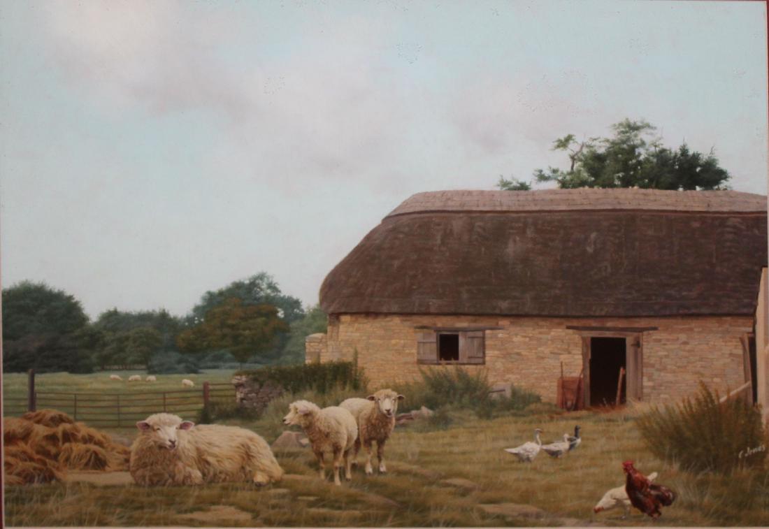 Carroll N Jones Jr (American 1917-2009) English: Carroll N Jones Jr (American 1917-2009)English Pastoral Scene with Sheep egg tempera on board signed lower right 20 x 16"- Carroll N Jones Jr was a Vermont artist most well known for his portrait of G