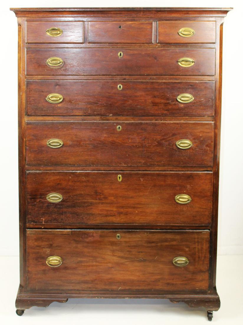 18th c. Chippendale walnut 8 drawer tall chest: late 18th c. or early 19th c. Chippendale walnut 8 drawer gentleman's tall chest with concave molded crown, 3 drawers over 5 deep locking drawers with old Hepplewhite oval brasses, penciled corners, o