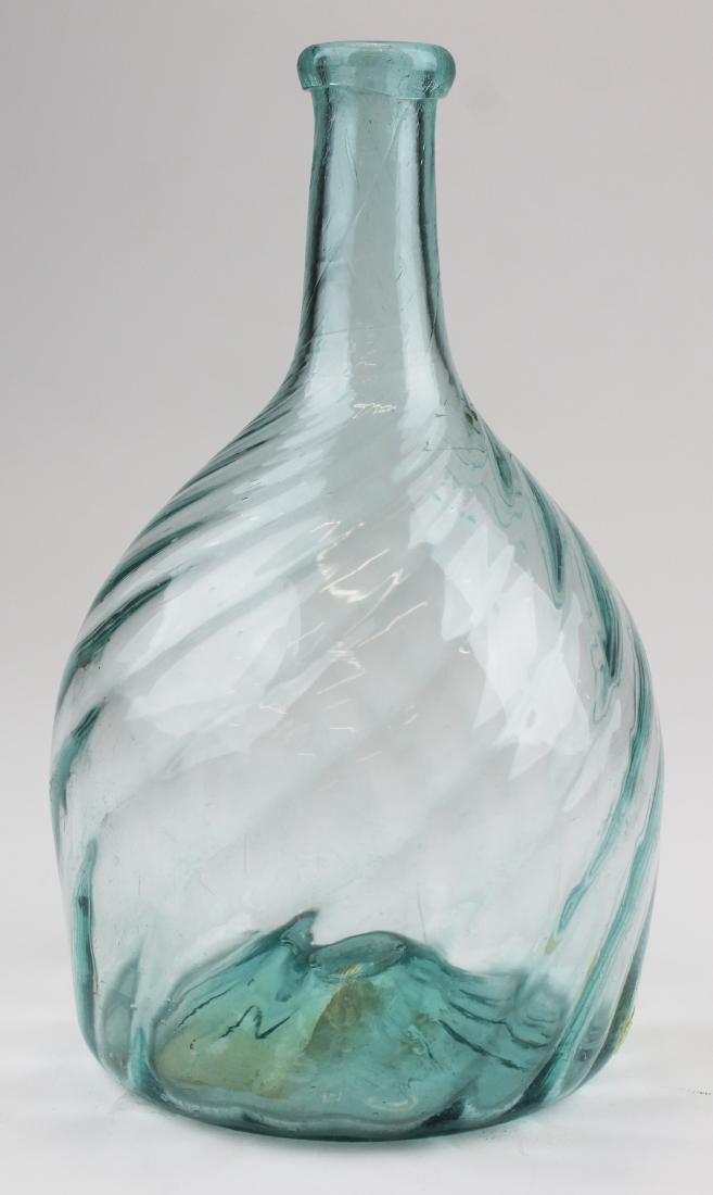 Early American Ohio blown aqua glass bottle: Early American Midwestern blown aqua glass club bottle, possibly Ohio, ex Dr. Oliver Eastman collection, ht 8"