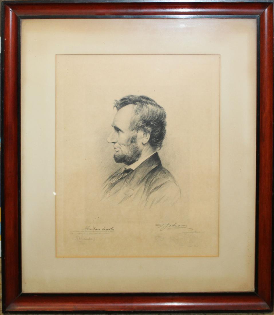 Thomas Johnson- Abraham Lincoln: Thomas Johnson- Abraham Lincoln in 1861, pencil signed engraving for Vermont Republican Club engraving made from a photo owned by Thomas Chittenden. Some toning and old frame with acidic mat 12 x 16"