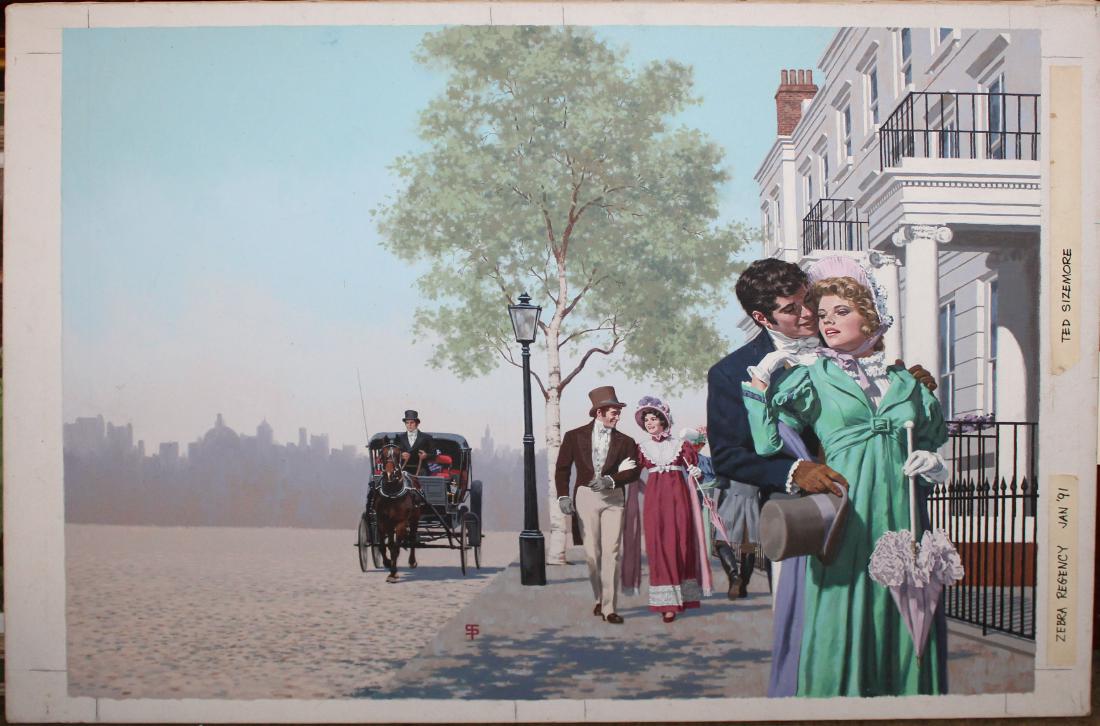 Ted Sizemore (American 20th c ) Changes of Heart: Ted Sizemore (American 20th c) Changes of Heart oil on canvas illustration for Zebra Regency Romance Novel by Julie Callie monogrammed lower center- Retaining Graphite registration marks, and masking 