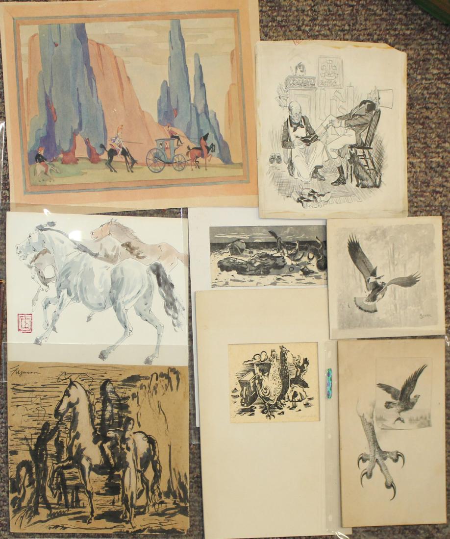 Lot of Illustrations: Lot of Illustrator art, including images of raptors, coaching scenes, watercolor from Don Quixote,outsider illustration of Andy Warhol signed Huddee, etc. 10 pieces