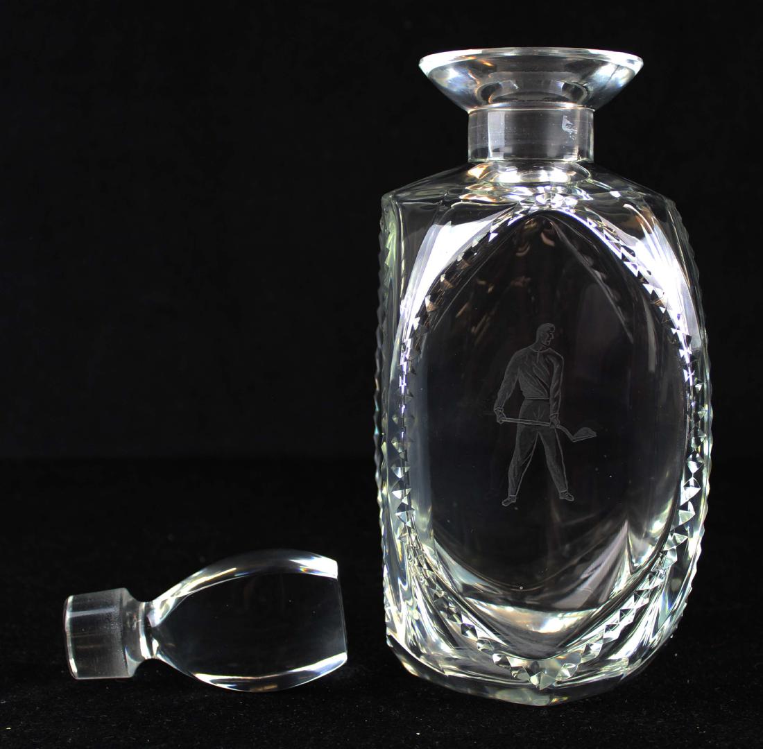 1930's Lalique Art Deco crystal decanter: 1930's signed Lalique Art Deco crystal diamond cut art glass decanter with etched decoration of Rockwell Kent esque WPA era style man wielding shovel 10.75" x 4" x 4"