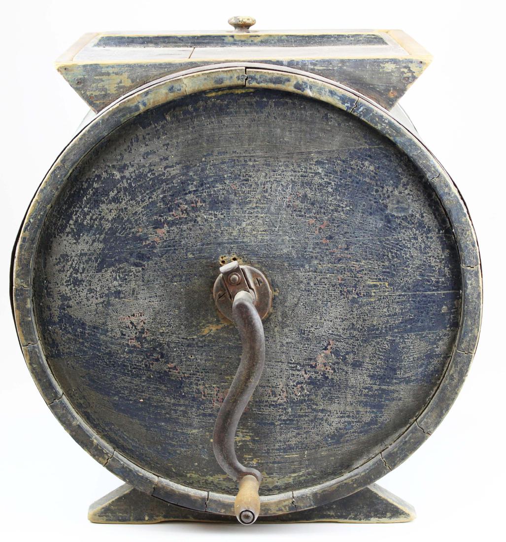 19th c table top butter churn in old blue paint: 19th c table top butter churn in old blue paint, ht 21"