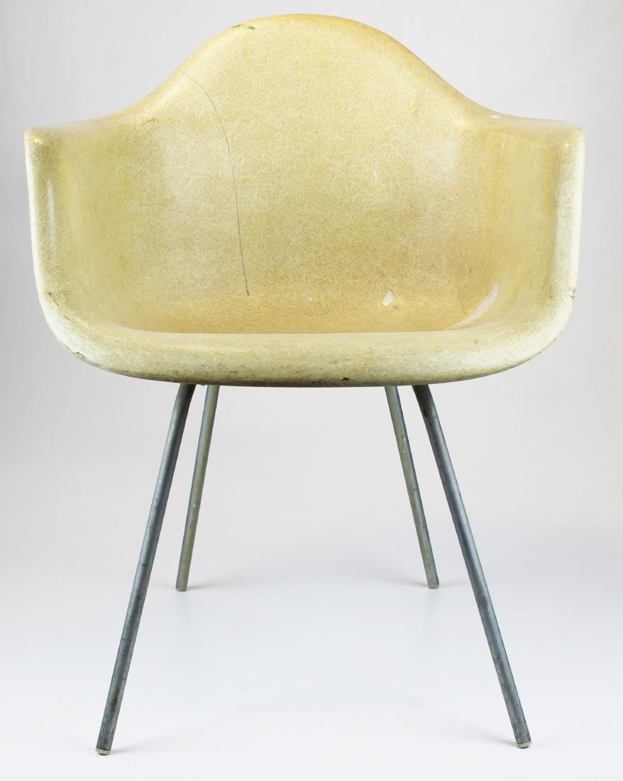 Herman Miller Eames design fiberglass chair: 1950's mid-century modern Herman Miller Charles Eames design DAX 3042-1 tulip form taupe fiberglass shell armchair with steel base 31" x 25" x 23" -some paint splotches