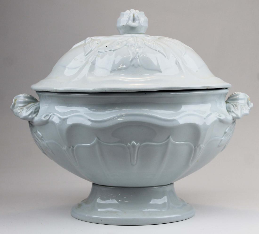 19th c. White Ironstone covered soup tureen: 19th c. White Ironstone porcelain covered soup tureen with foliate applied handles 13.5" x 14" -small check under lid, nick on handles