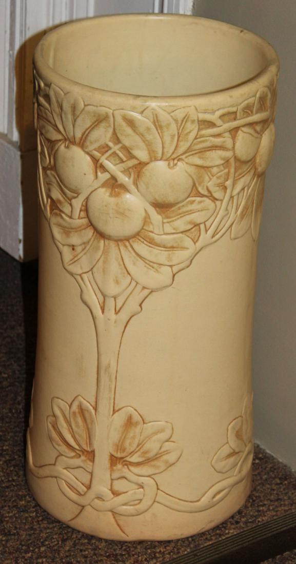Weller Baldin Apple art pottery umbrella stand: ca. 1910 Arts and Crafts era Weller "Baldin Apple" ivory tone glazed art pottery umbrella stand with embossed decoration of apple tree 21.5" x 10.75"