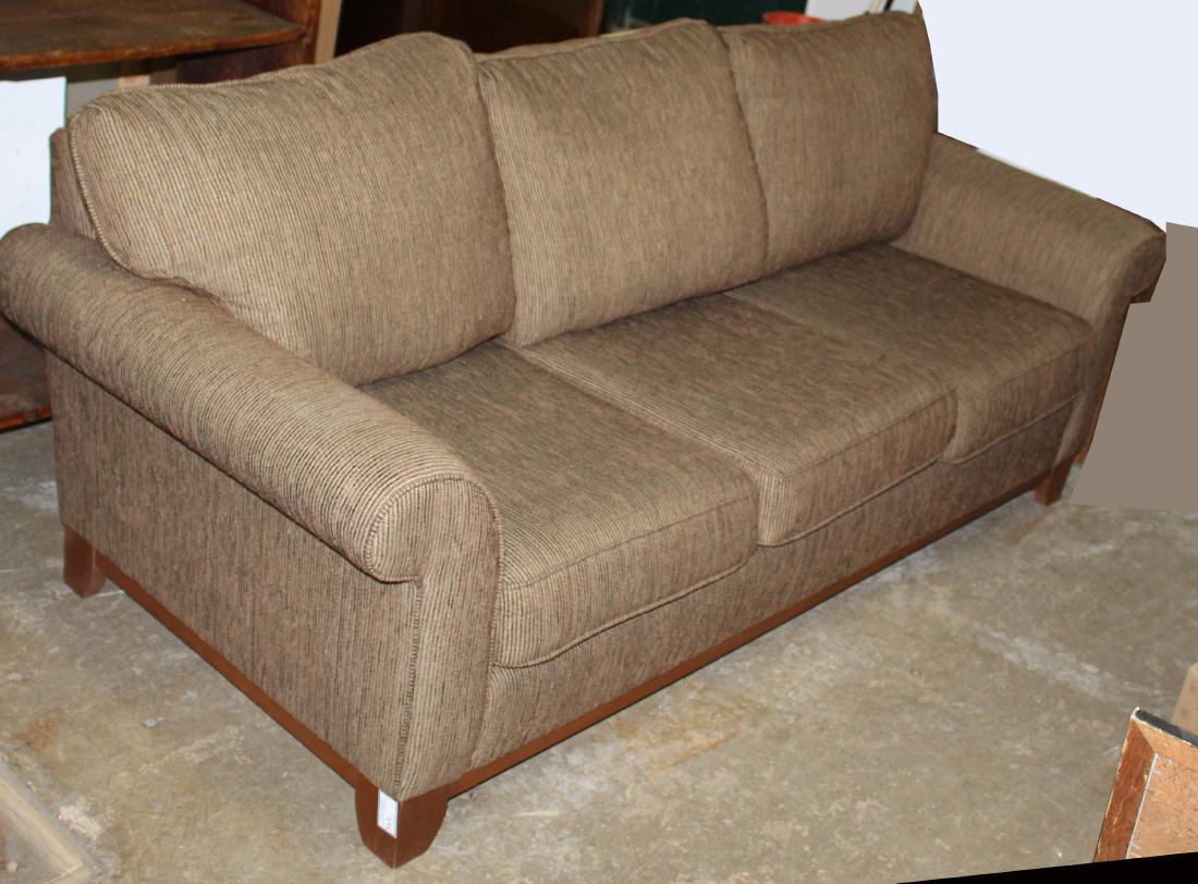 contemporary brown upholstered sofa: contemporary DÃ©cor Rest overstuffed sofa or couch in excellent like new brown chenille upholstery 38" x 86" x 39"