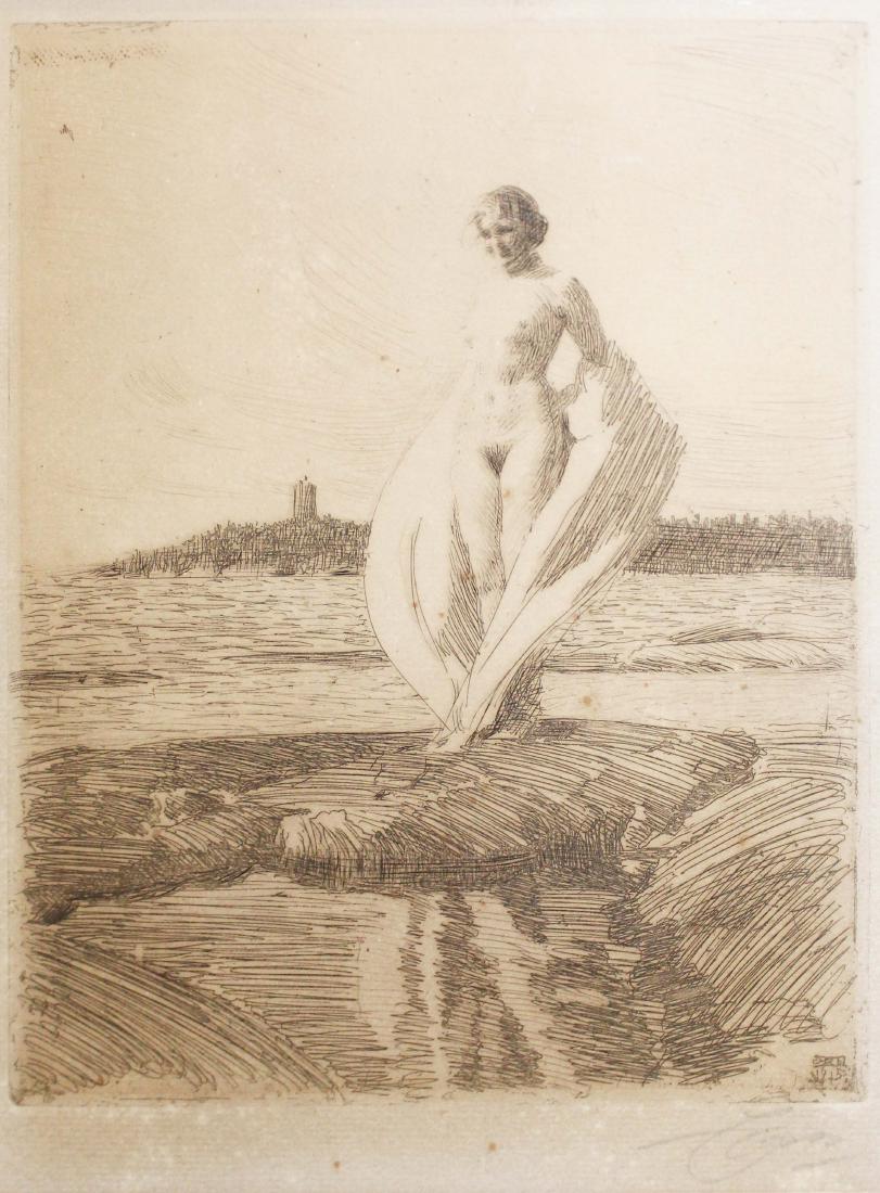 Etching "The Swan" by Anders Zorn 1915: Framed etching, "The Swan" , a nude girl standing on rocks in front of water, dated 1915, pencil signed and plate signed Zorn (Anders Leonard Zorn, Illinois, Sweden, 1860-1920 Plate size approx. 8" x