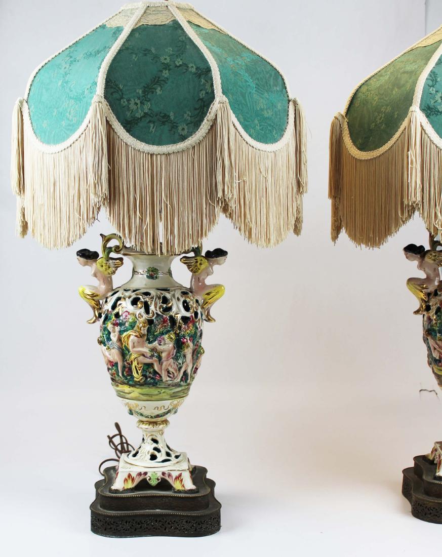 pr of mid 20th c Capodimonte table lamps: pr of mid 20th c Capodimonte table lamps with silk shades, overall ht 34"
