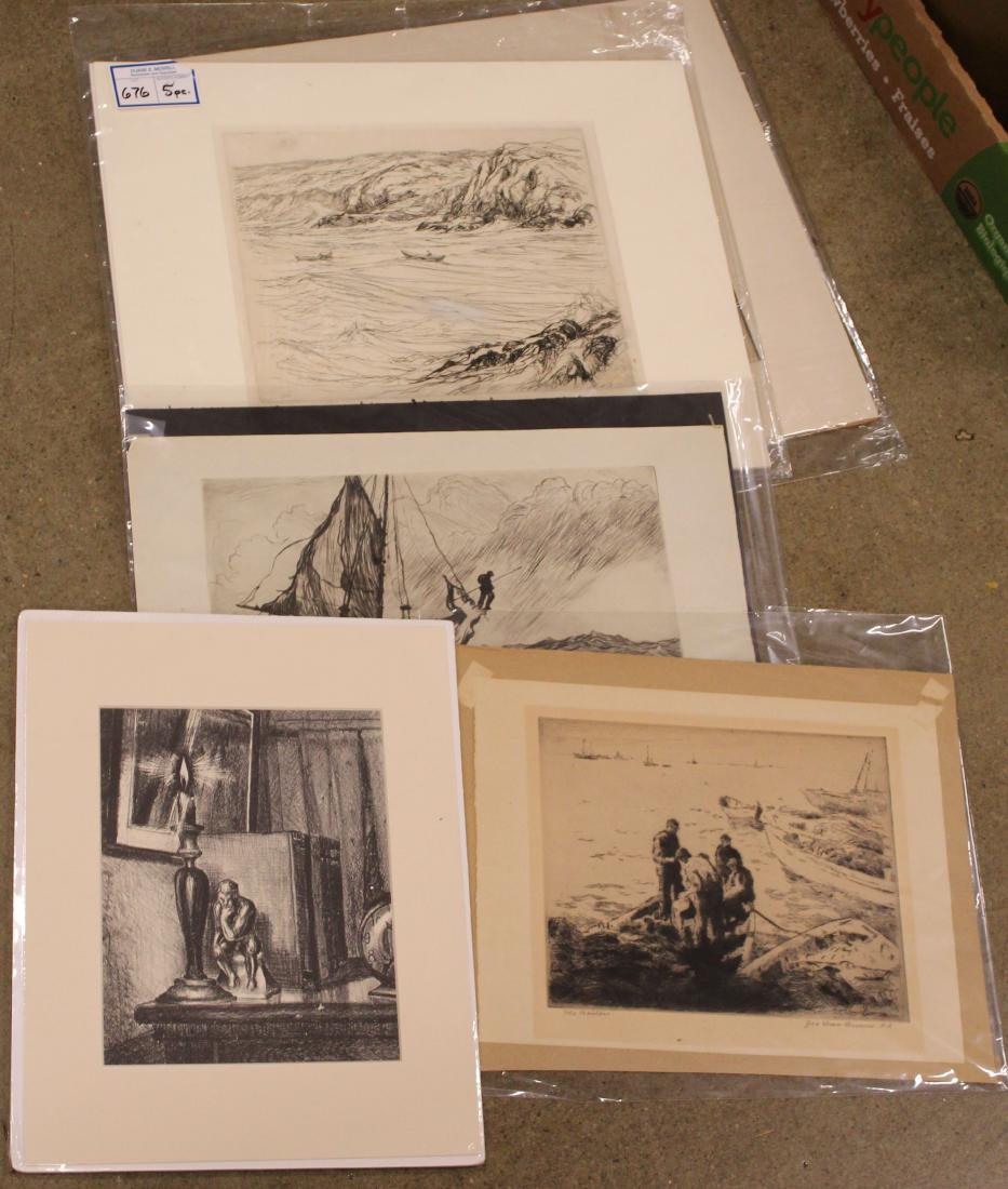 A group of 5 etchings: A group of 5 etchings including Pencil signed etching by Charles H Woodbury of two boats at sea. 10 3/4" x 8 3/4" plate size. Reynolds Beal 1919 Sword fishing, George Elmer Browne pencil signed "The B