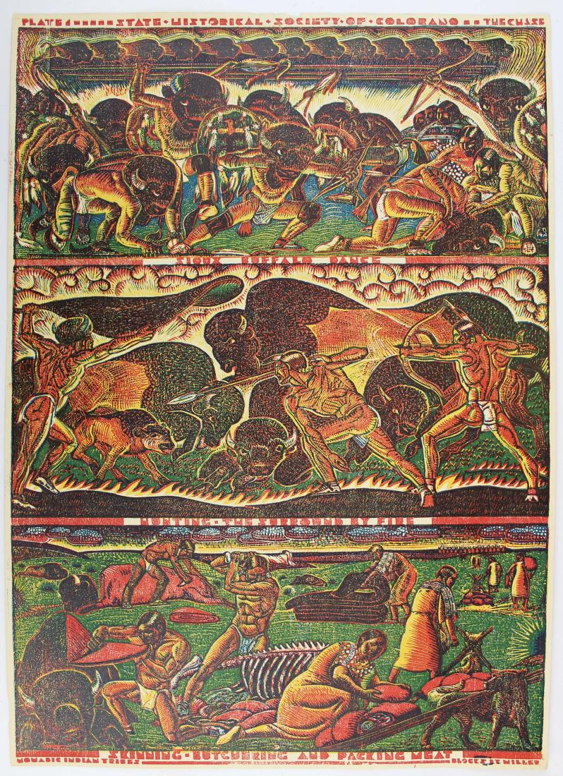 Ca 1930's WPA wood block Colorado Indian tribes: Unusual WPA school wood block print for the State Historical Society of Colorado. Three images on one plate titled The Chase, Sioux Buffalo Dance, and Hunting The Surround by Fire. Skinning Butchering