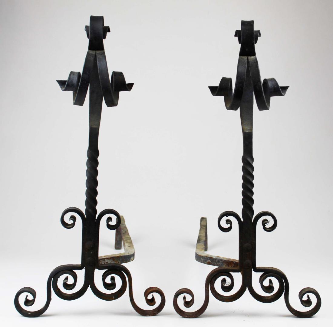 Arts & Crafts era wrought iron andirons: Arts & Crafts era wrought iron andirons, ht 24 1/2"