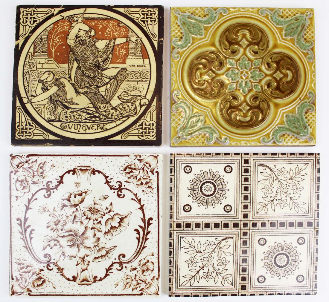 four 19th- 20th c English tiles: four 19th- early 20th c English tiles, including Minton "Guinevere" from Tennyson's Idyll's of the King, majollica, all about 6" x 6"
