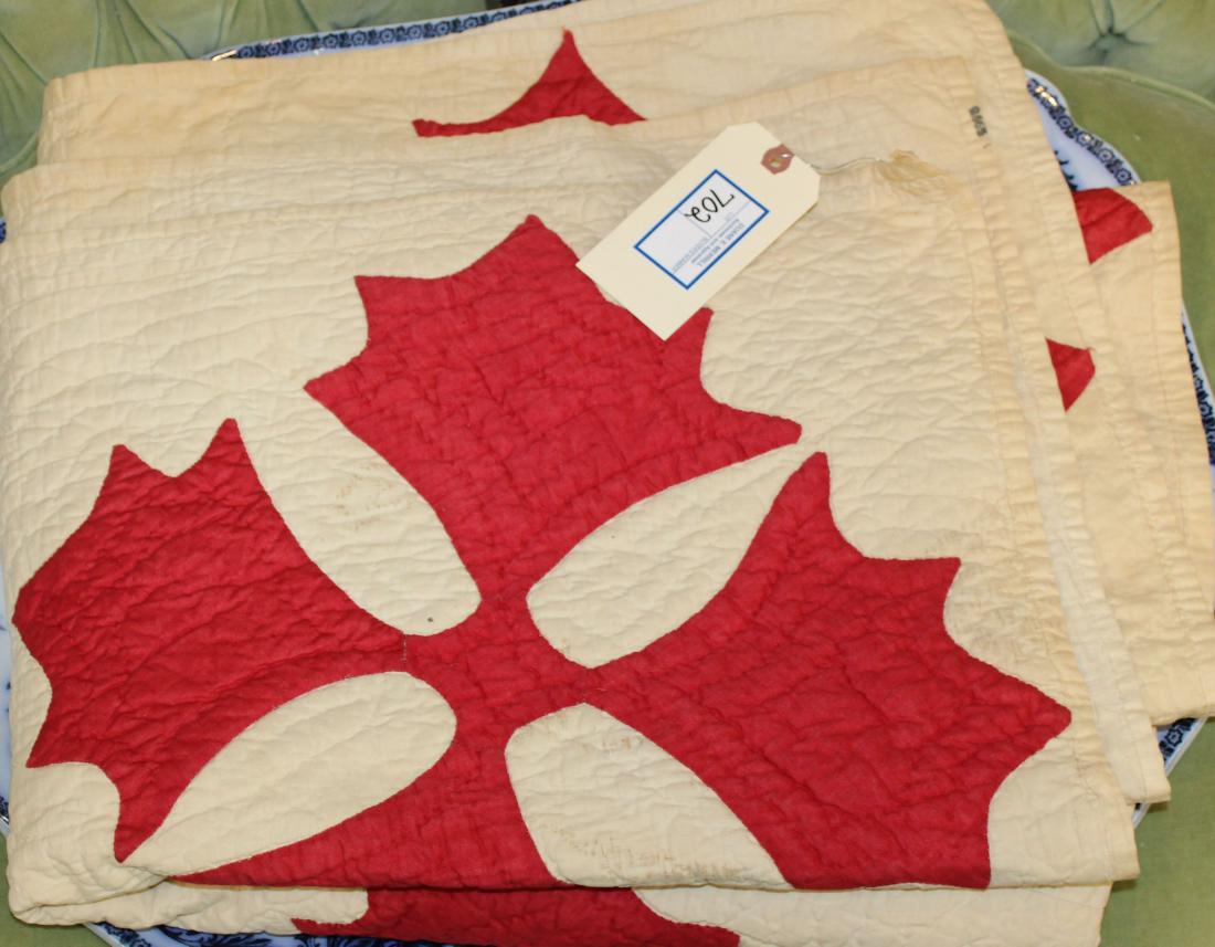 late 19th c red & white applique quilt: late 19th c red & white applique quilt, few minor stains, 4' 10" x 6' 6"