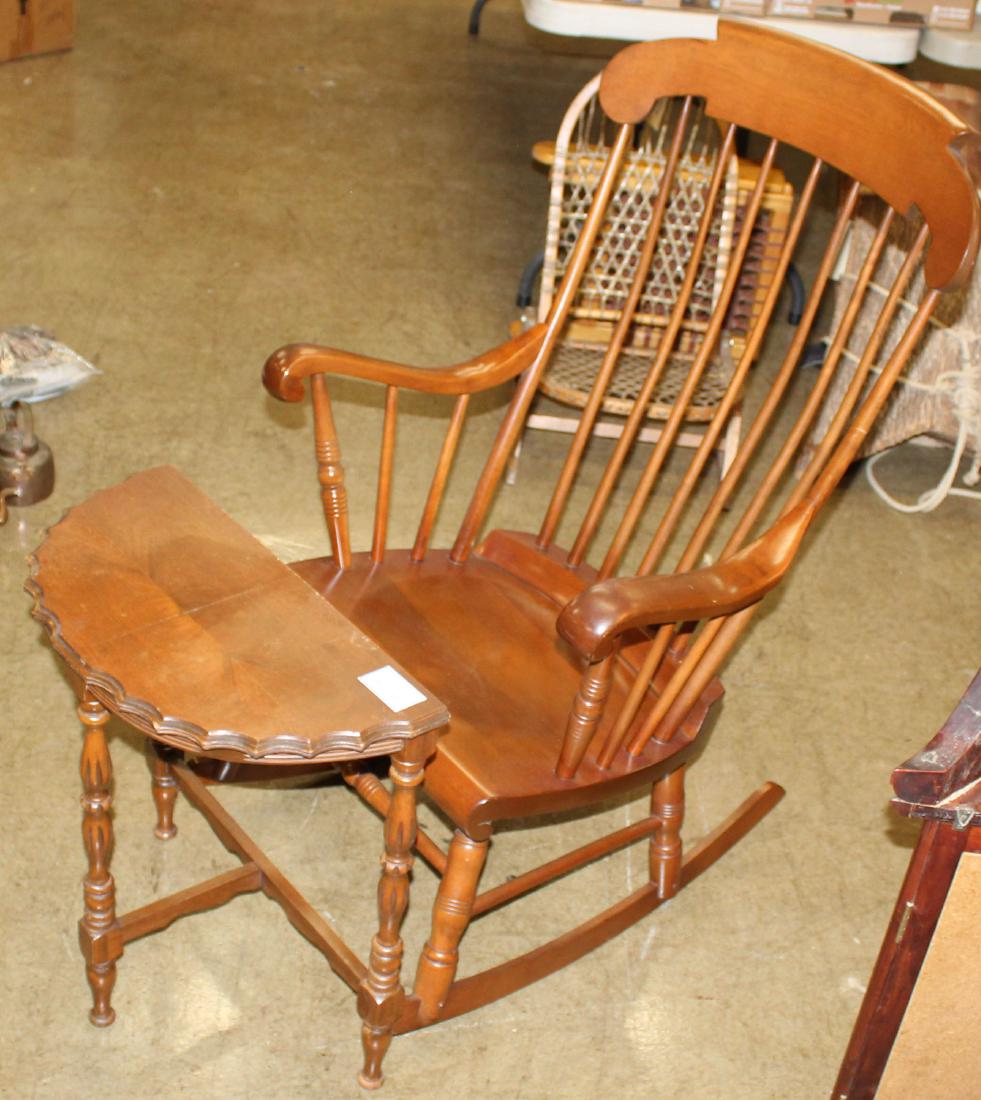 S. Bent Bros. maple rocker and 1940's end table: S. Bent Bros. rock maple Boston rocker and 1940's demilune end table with book matched burl veneer top