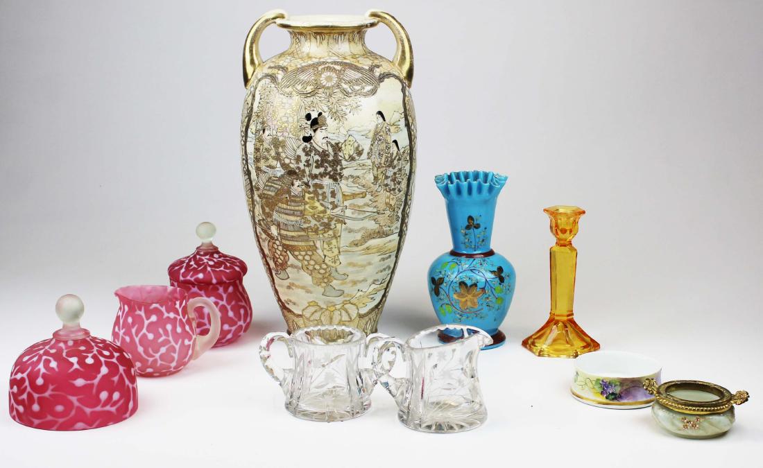 lot of glass and china incl. Satsuma, Wavecrest: lot of mixed glass and china including large Japanese Satsuma porcelain vase (rim repaired), Victorian Wavecrest ring holder, brilliant cut glass sugar and creamer, blue floral decorated Bristol glass