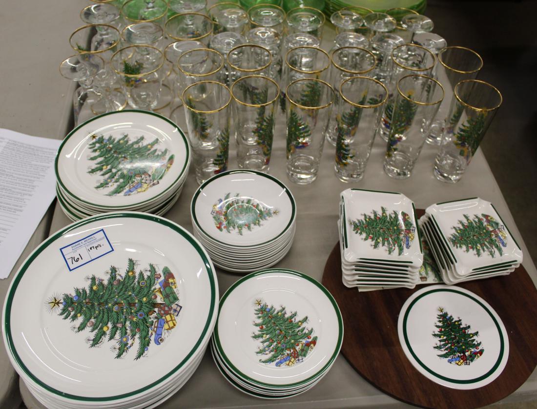 107 pcs. Cuthbertson Christmas Tree dinnerware: 107 pcs. Cuthbertson "Original Christmas Tree" dinnerware including porcelain retailed by Plummer Department Store, NYC, and transfer decorated stemware and glasses