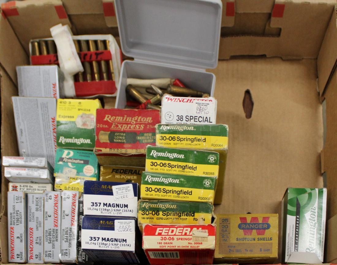 lot of mixed ammunition: Ammo for 12ga shotgun, .410 bore, 30-06; 357 magnum; .30 carbine etc. Mostly full boxes.