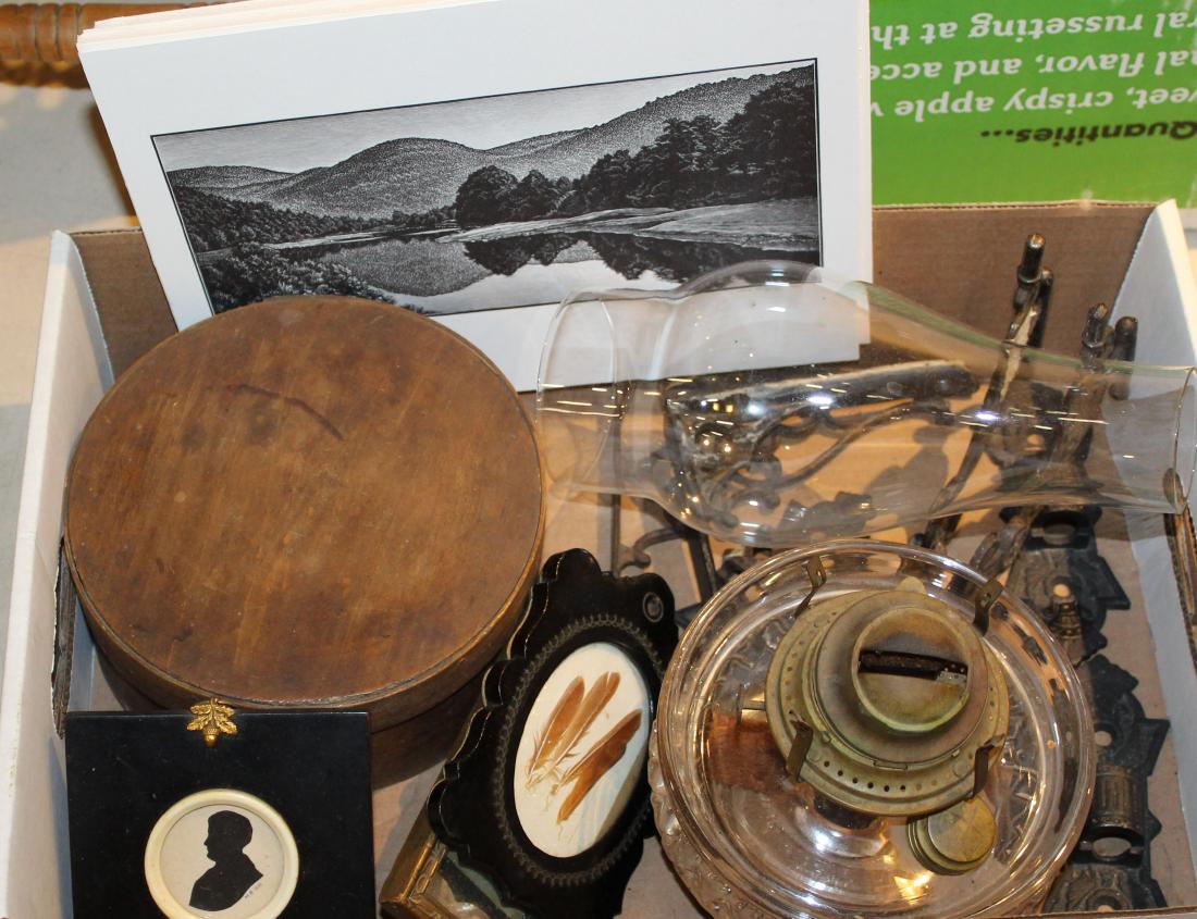 bracket lamp, pantry box, prints, etc: bracket lamp,pantry box, prints, miniature Fred Thompson Federal style dollhouse mirror, Asa Chaffetz prints, etc