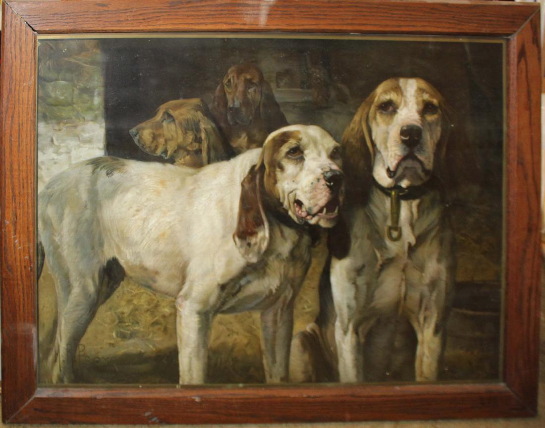1925 Winchester Arms Advertisement "Bear Dogs": 1925 Winchester Arms "Bear Dogs" Chromolithograph after Henry Rankin Poore (Am 1859-1940) 26 x 36" in oak frame, margins and Winchester Frame trimmed to fit later oak frame.