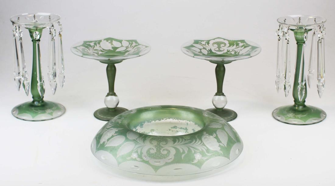 Bohemian green cut to clear centerpiece set: outstanding ca. 1920 Bohemian green cut to clear floral wheel cut 4 piece centerpiece set consisting of large bowl, pair of delicate tazzas, pair of candlesticks with removeable bobeches having brilli