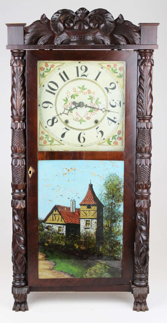 Rodolphus Northrop Acanthus column shelf clock: Rodolphus Northrop ca 1835 mahogany acanthus carved shelf clock New Haven CT. Claw feet, 1/2 carved columns, and fruit basket carved crest. Reverse decorated tablet of cottage (some losses) flower and
