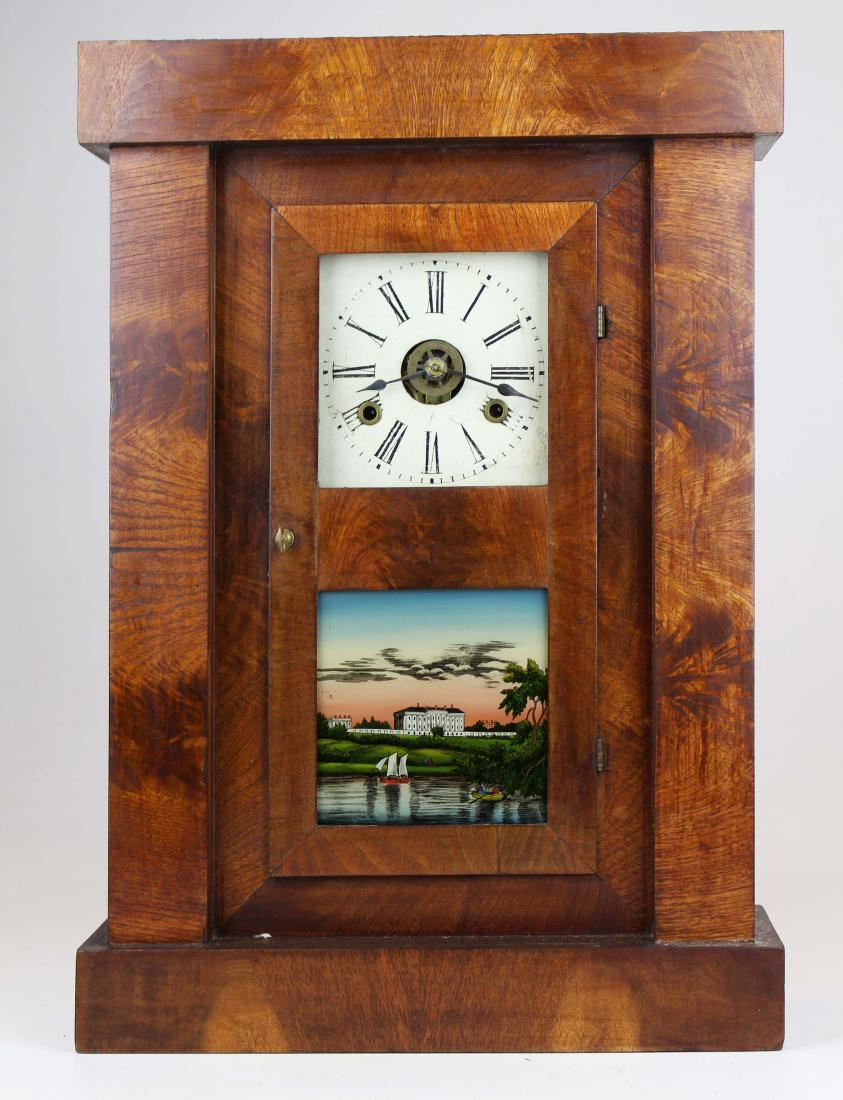 Chauncey Jerome flat front alarm clock: Chauncey Jerome and Grant ca. 1842 Bristol CT crotch mahogany matching veneer flat front alarm shelf clock. Egliomise lower tablet of White House signed Moberg. Over all good condition. 1 day brass mo