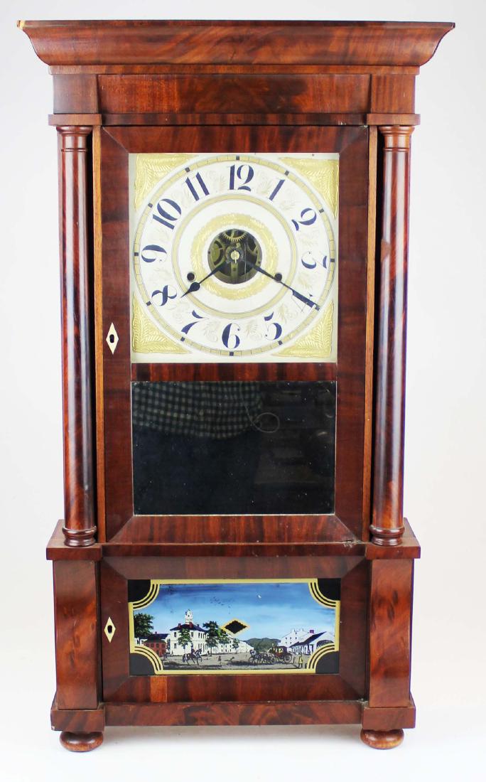 Triple decker mahogany shelf clock: Williams, Orton, Preston, & Co Farmington CT triple decker mahogany shelf clock with round brass weights. Reverse decorated tablet door town scene with pendulum light center. Mirrored second tablet an