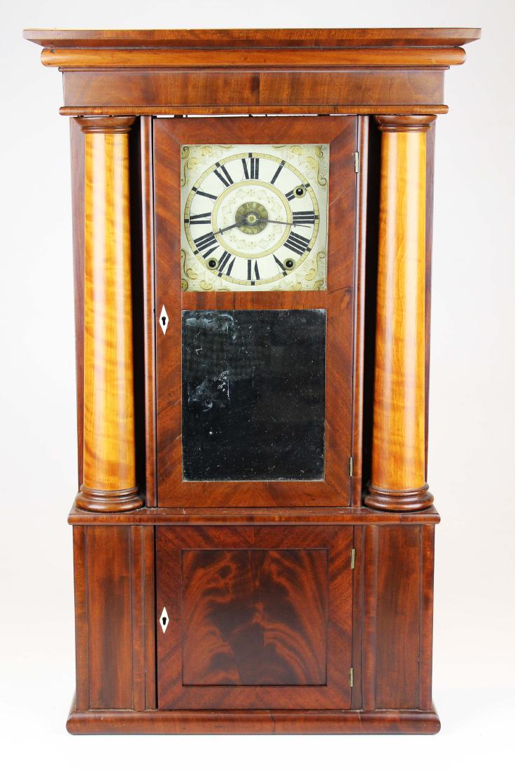 Rodney Brace tiger & mahogany shelf clock: Rodney Brace North Bridgewater MA ca 1825 mahogany and tiger maple false hollow full column shelf clock. Triple decker, mahogany lower door, mirrored tablet and gilt wooden face. 30 hr. time strike al