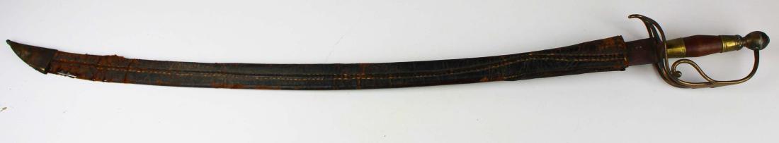 18th c European Cutlass or Sabre: 18th c European Cutlass or Sabre marked LCC on blade with brass basket hilt, inscribed pommel, period appropriate scabbard with some losses, blade 35" overall length 42"