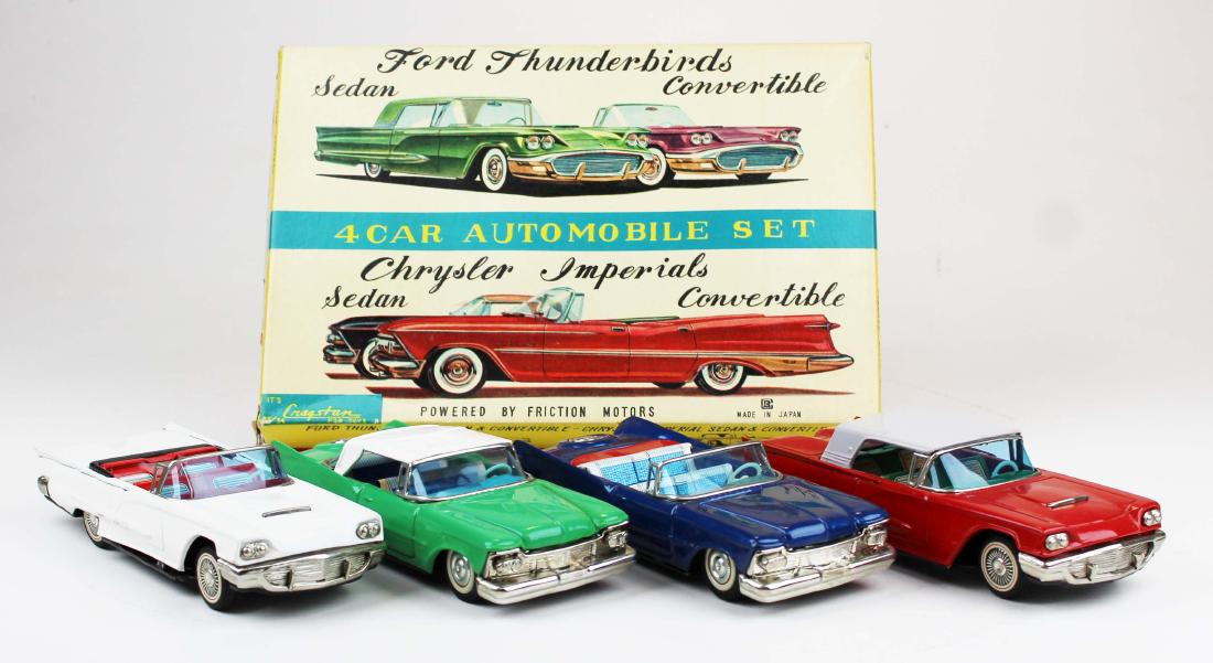 Cragstan friction car 4 car automobile set: Cragstan friction car 4 car automobile set- Ford Thunderbird sedan & convertible- Chrysler Imperial sedan & convertible, mint condition, with original box, box has some wear, tears, lengths 8 1/4"