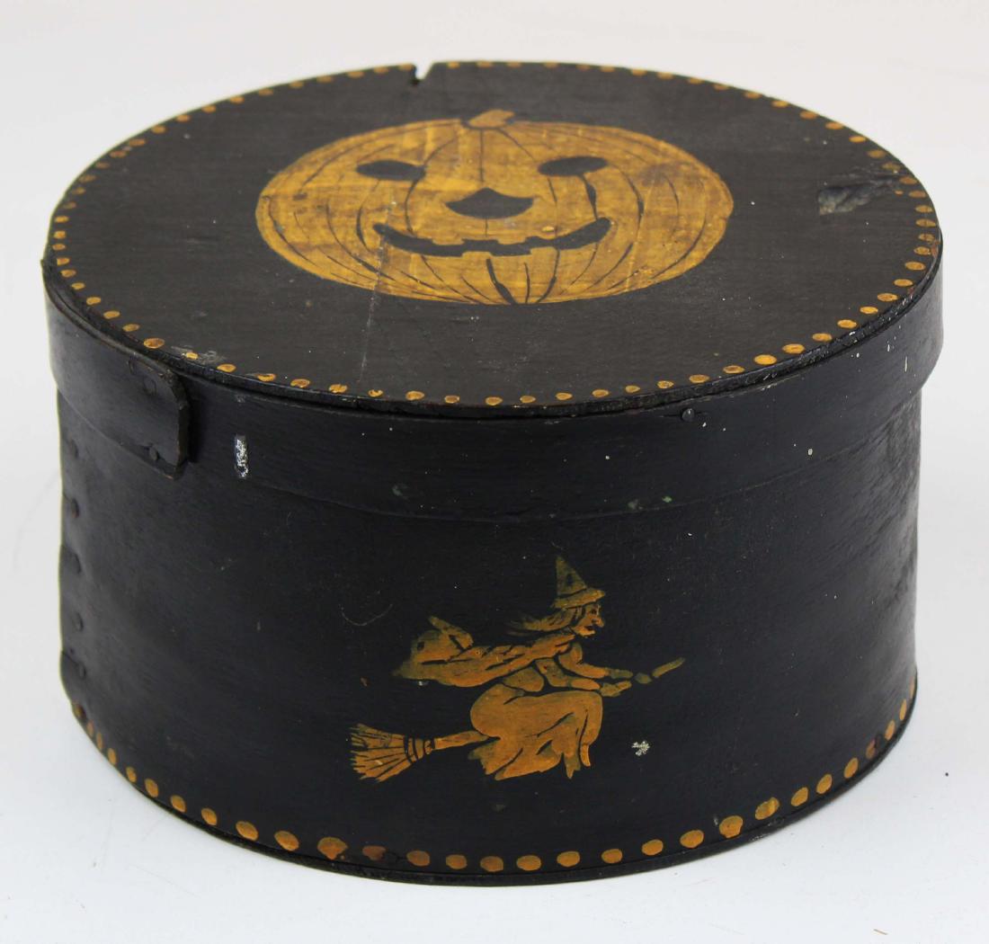 1924 Halloween pantry box with jack-o-lantern: vintage wooden pantry box with old paint decorated jack-o-lantern, witch, & bat, signed & dated Helen McKean 1924 under lid, diameter 7 1/2"