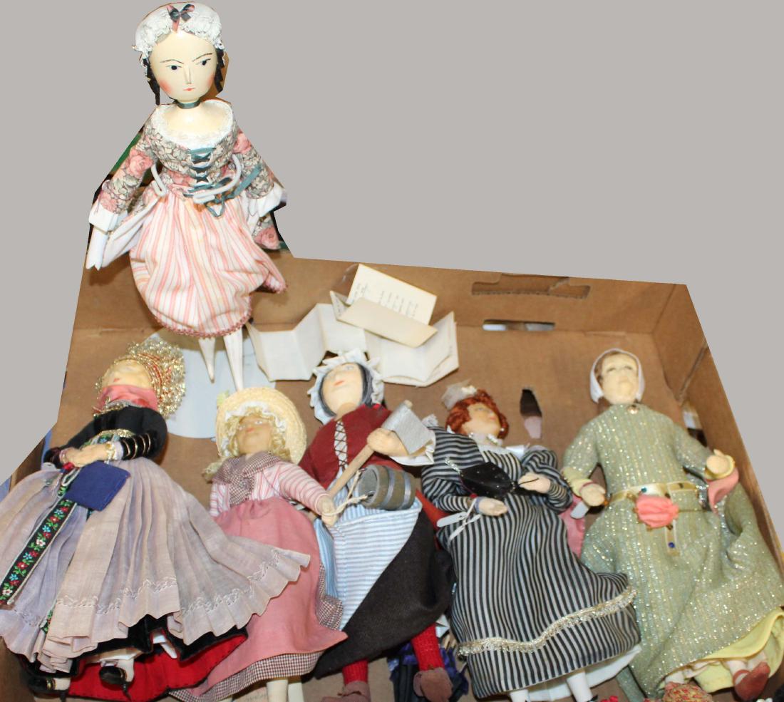 six Mirren Barrie Vermont cloth dolls: six Mirren Barrie Waterbury Ctr, Vermont cloth dolls, limited & numbered, including 1975 Marjorie Daughter of Robert Bruce #1/5, 1983 Vermont Ann Story doll #52/ 151, 1980 Danish Bride Amager #6/10, 1