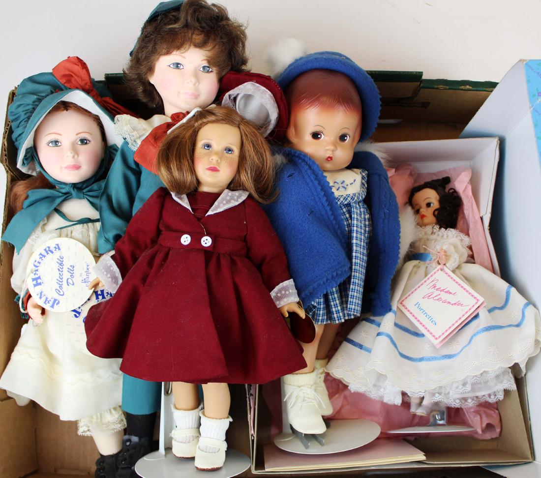 five Effanbee, Madame Alexander dolls: pr of Effanbee Jan Hagara dolls, Effanbee Patsy, Effanbee An, Madame Alexander Portrette, hts 9" to 17"