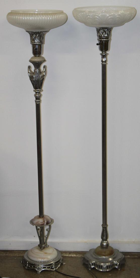 two Art Deco chrome torchiere floor lamps: two vintage 1930's Art Deco ornate chrome plated torchiere floor lamps with iridescent milk glass shades and onyx slag glass mountings, one with cast metal birds of paradise 65" x 15" -one shade with
