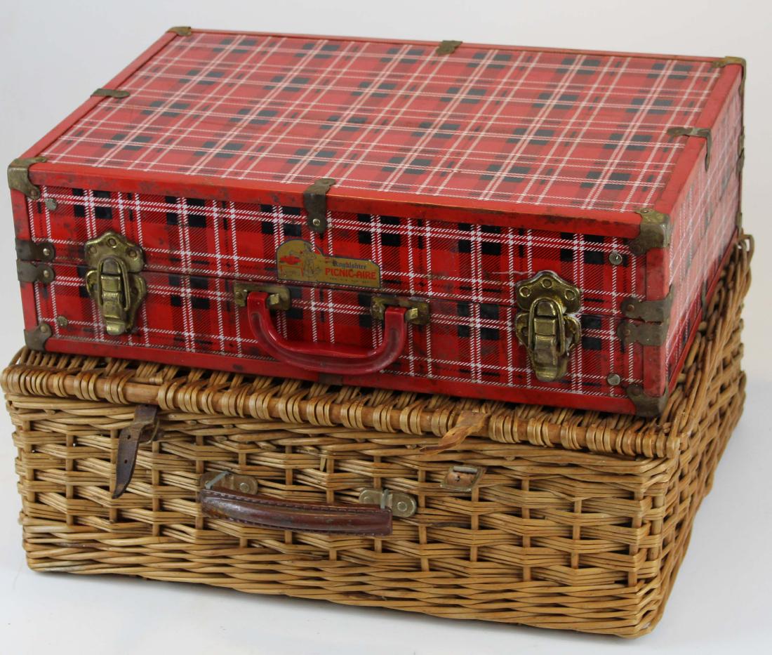 Abercrombie and Fitch Picnic Set/ Picnic-aire set: Two vintage picnic sets with accessories- Wicker cased Abercrombie and Fitch picnic set with plastic vessels made in England; Picnic-Aire steel cased plaid print picnic set with contents.