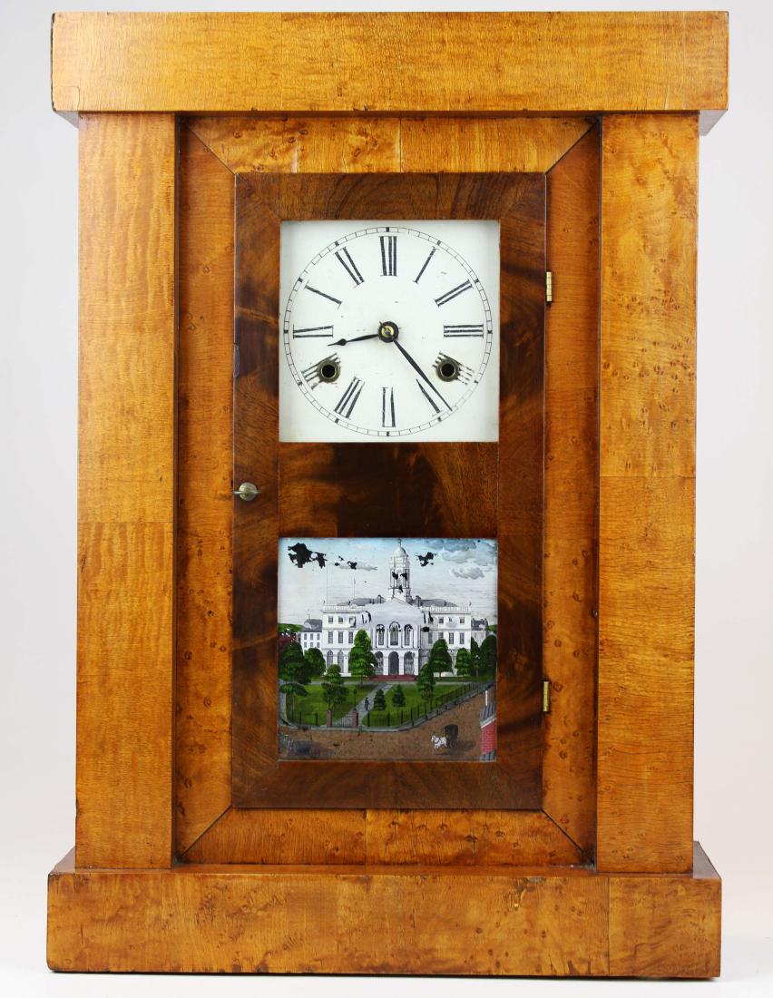 Birdseye maple flat front cased shelf clock: Chauncey Jerome New Haven CT flat front birdseye maple and mahogany cased shelf clock. Original lower tablet reverse decorated panel of Connecticut state house. Minor losses. 1 day brass movement, bel