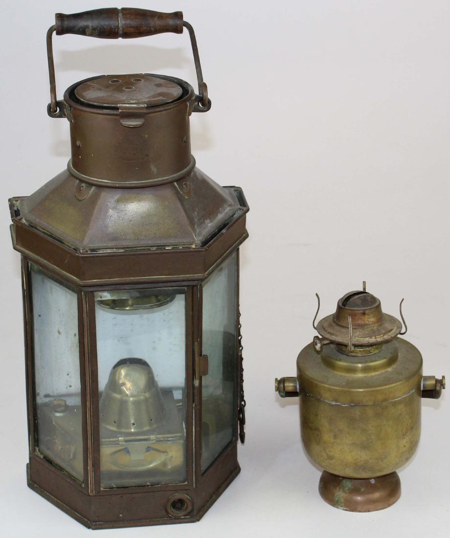 Two Lanterns,: Two Brass Kerosene lanterns, One gimbaled bracket lamp for ship or train car, one hanging lantern with bracket mount on reverse.