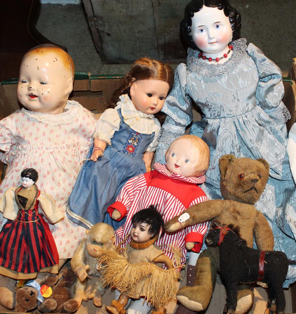 bisque, china, metal, comp dolls, Steiff animals: Schoenau & Hoffmeister Hanna (6 1/2"), small Steiff bear & monkey, etc. (9 pcs)