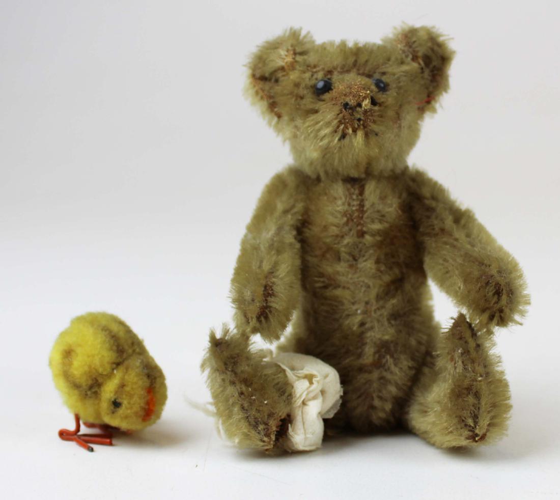 small jointed Teddy Bear, Steiff chick: small jointed Teddy Bear (damaged), small Steiff chick with button & tag, hts 1" to 4 1/2"