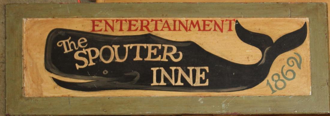 circa 1960 Oil on Masonite "Spouter Inne" Sign: Circa 1960s oil on Masonite "Spouter Inne" commemorative or decorative Melville/Moby Dick Sign 15 x 42"