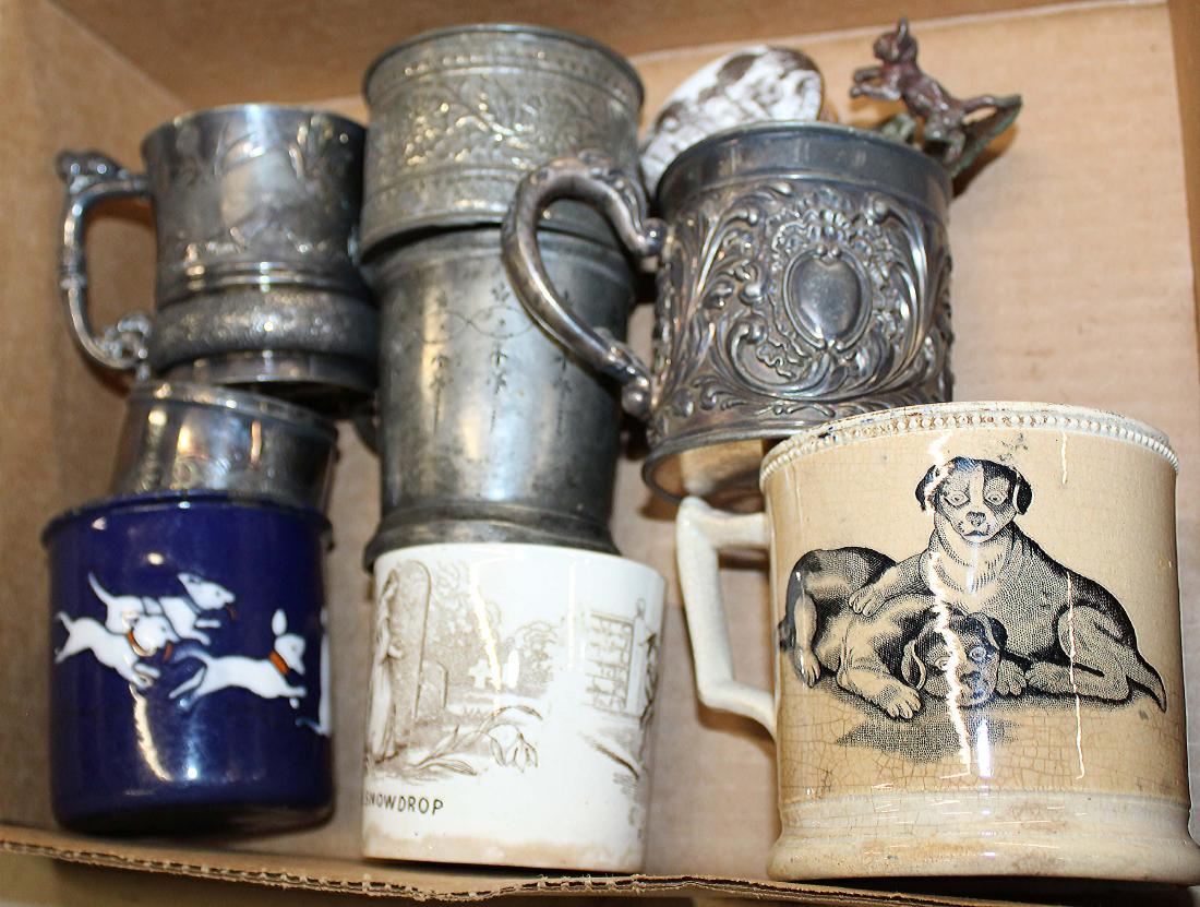 Lot of Mugs: eight 19th c mugs two transferware mugs, porcelain/enamel tin cup with running dogs, Silver plate mug with running rabbits, three other mugs