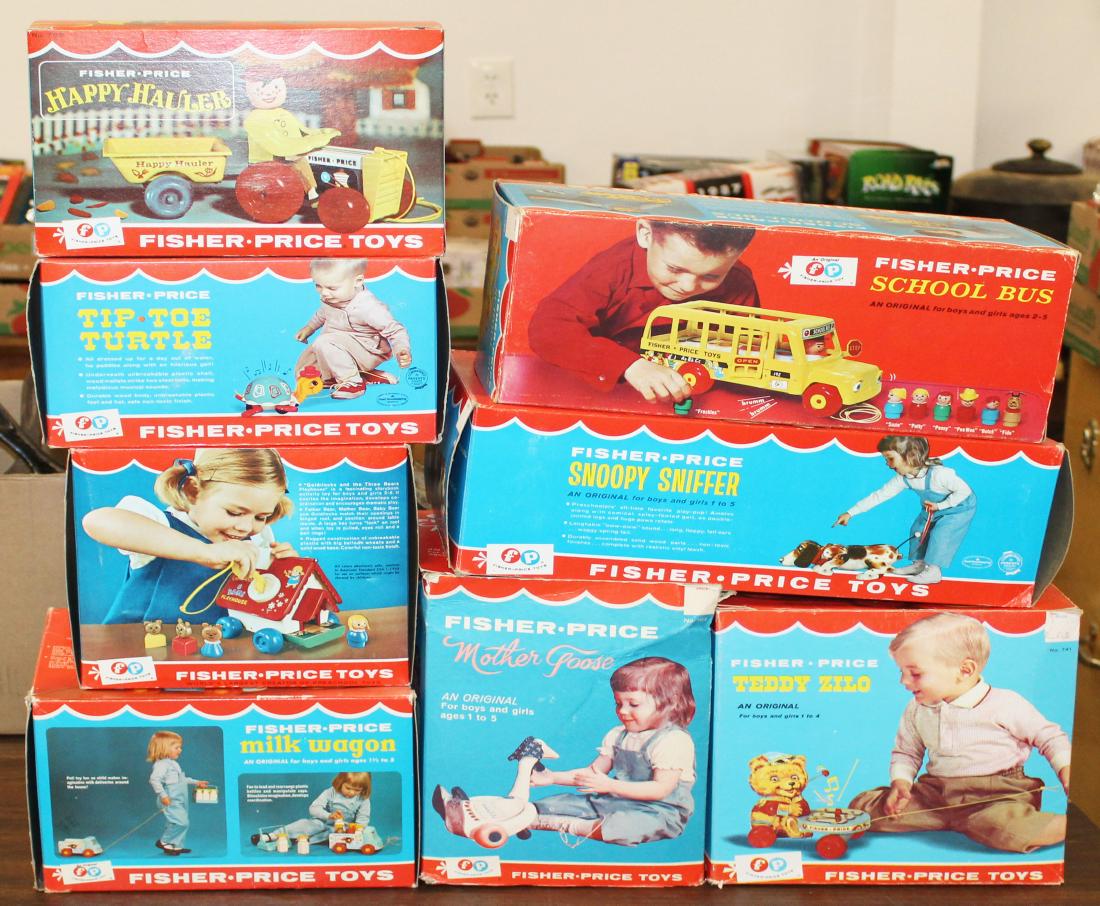 Fisher Price toys with original boxes: eight Fisher Price toys with original boxes- School House, Tip-Toe Turtle, Teddy Zilo, Mother Goose, Goldilocks & the Three Bears, Milk Wagon, Happy Hauler, Snoopy Sniffer, sets have been played with,